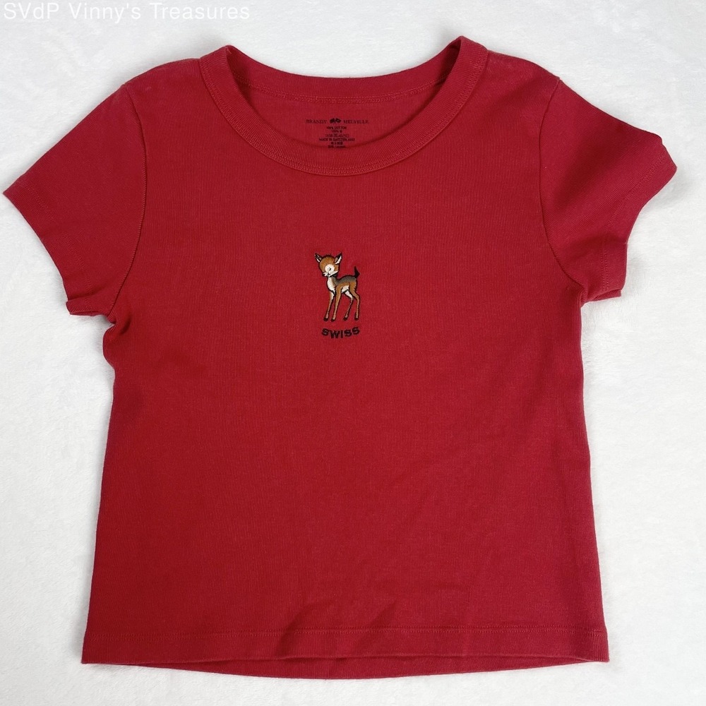 Brandy Melville 100% Cotton Embroidered Swiss Deer Crop Crew Neck‎ Baby Tee OS